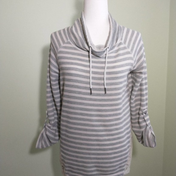French Laundry Gray White Stripe Terry Longline Drawstring Neck Longsleeve top M - Picture 13 of 16